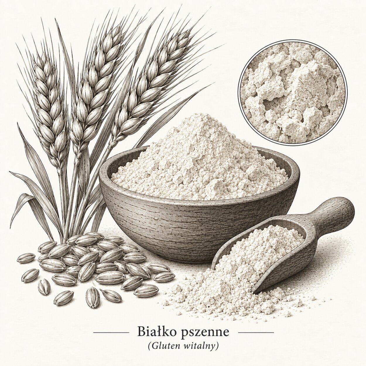 Białko pszenne (gluten witalny) na rycinie przedstawiającej pszenicę