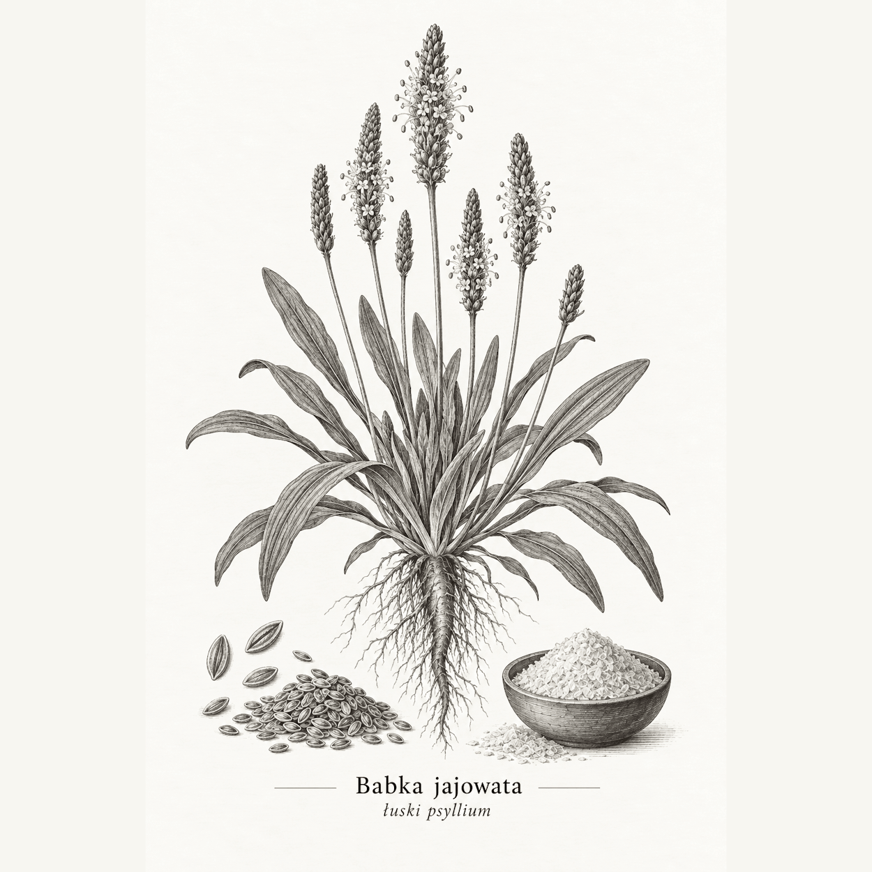 Babka jajowata - Rycina babki jajowatej (Plantago ovata) z nasionami i łuską.