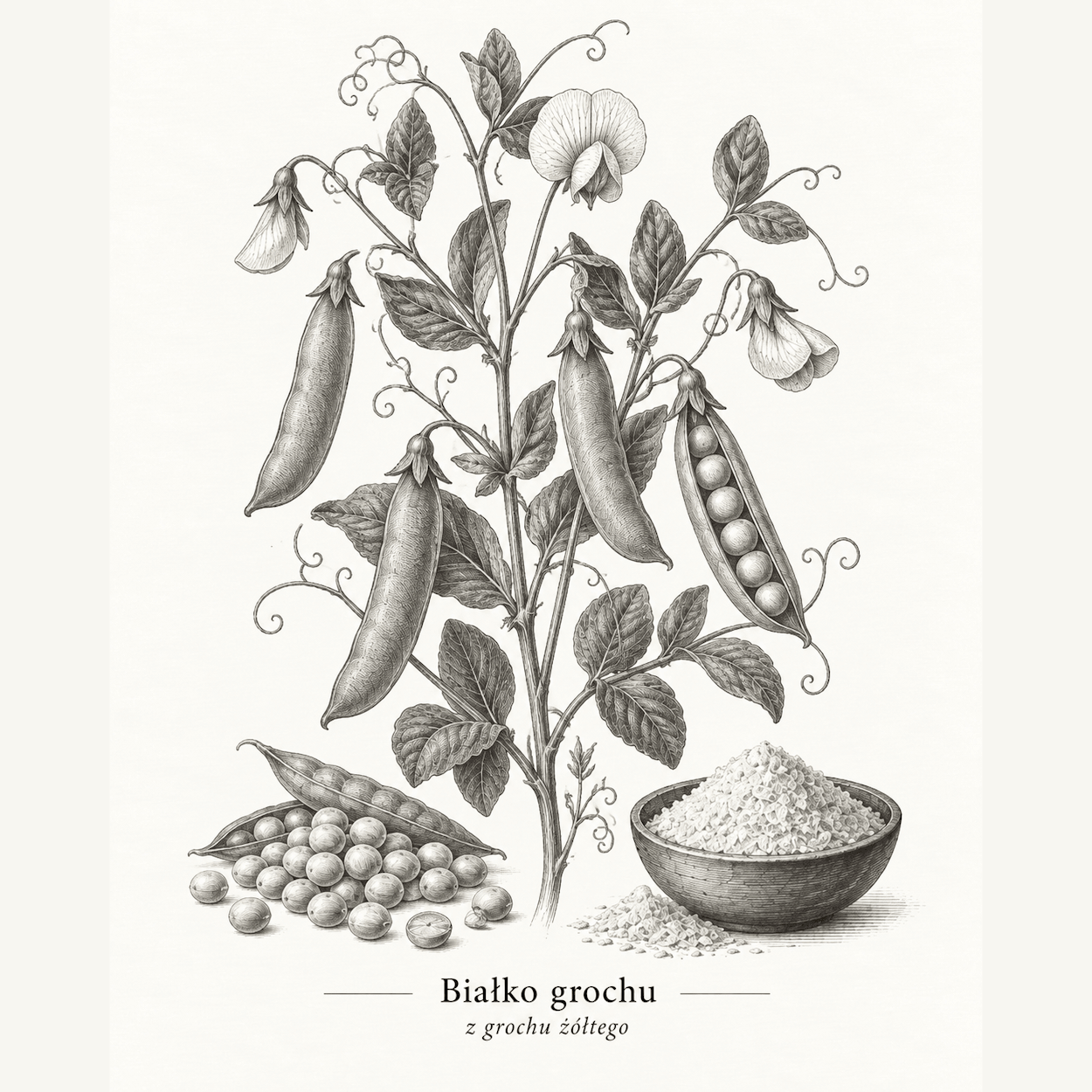 Białko grochu - Rycina grochu siewnego (Pisum sativum) oraz białka pozyskiwanego z jego nasion.