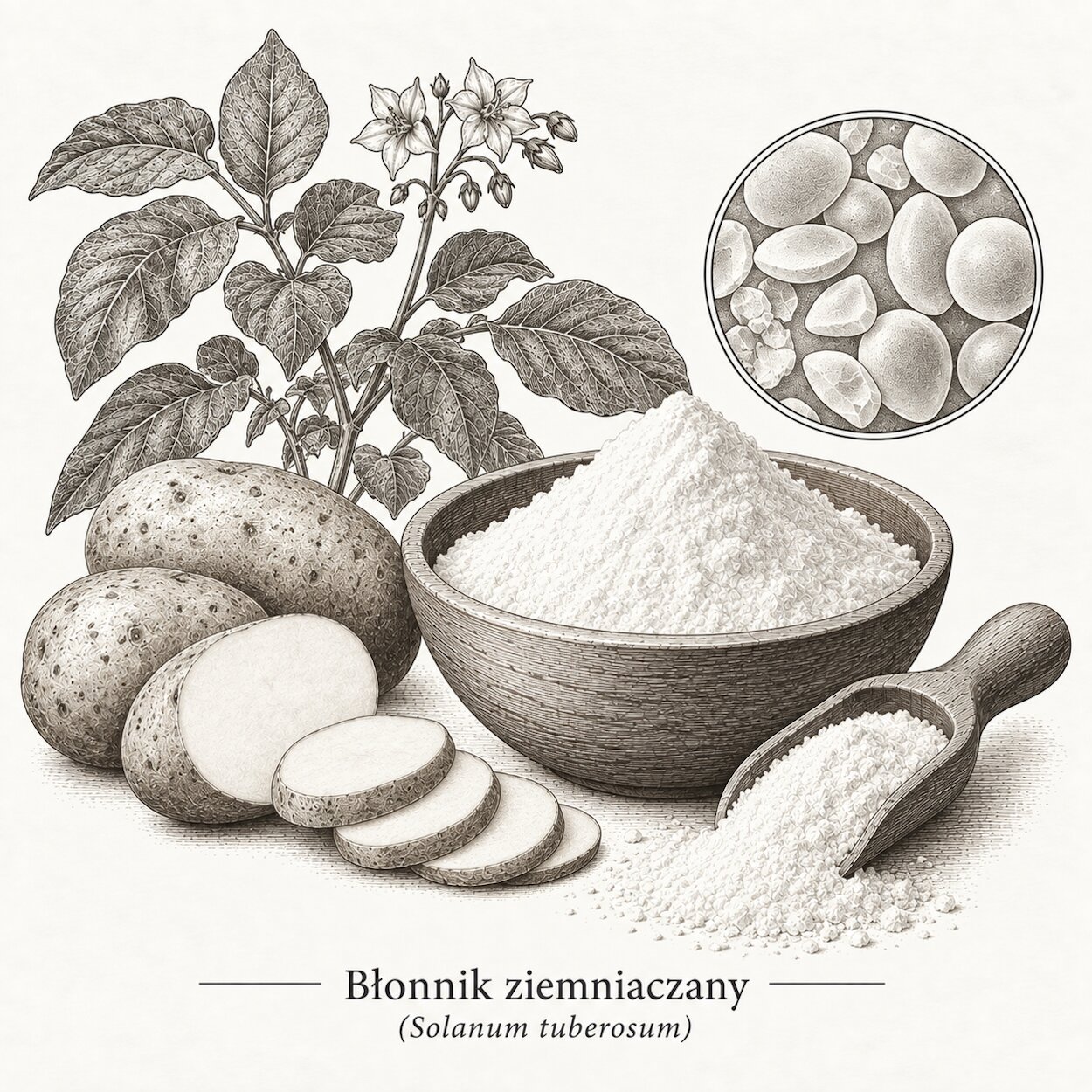 Błonnik ziemniaczany: Rycina ziemniaka i błonnika ziemniaczanego.