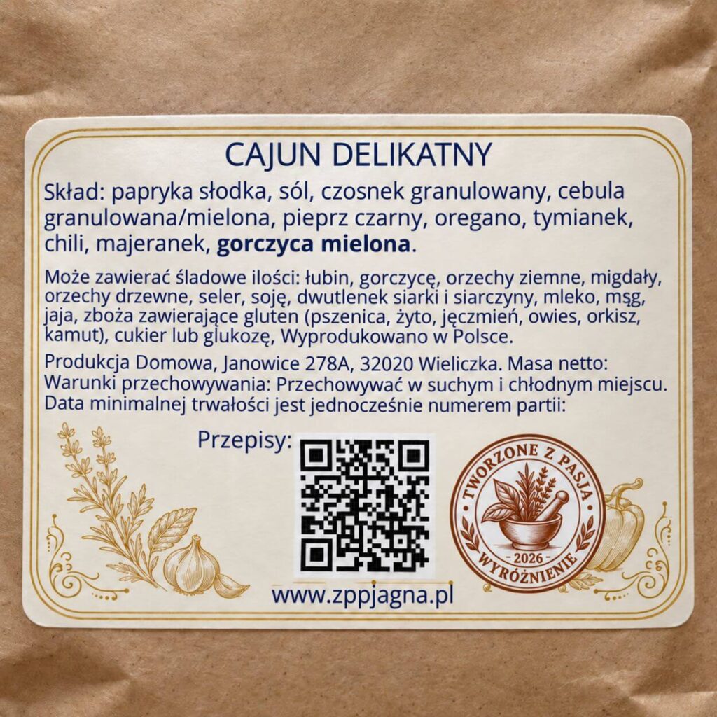 Etykieta Cajun Delikatny ze składem i informacją o alergenach