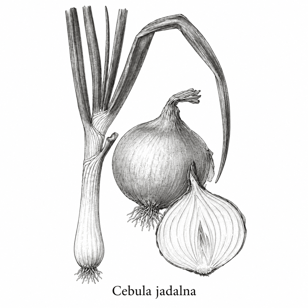 Rycina cebuli jadalnej: cebula i jej zielone liście.