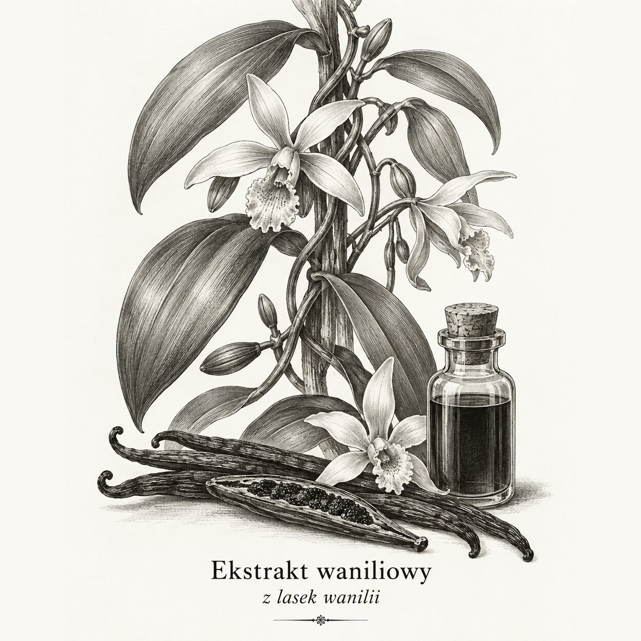 ekstrakt waniliowy: Rycina wanilii płaskolistnej (Vanilla planifolia) i ekstraktu waniliowego.