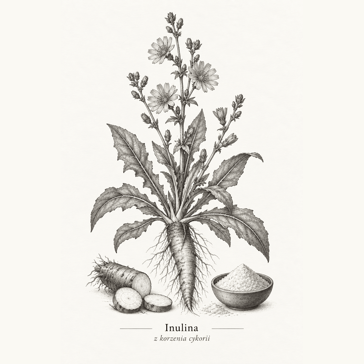 Inulina - Rycina inuliny pozyskiwanej z korzenia cykorii podróżnik (Cichorium intybus).