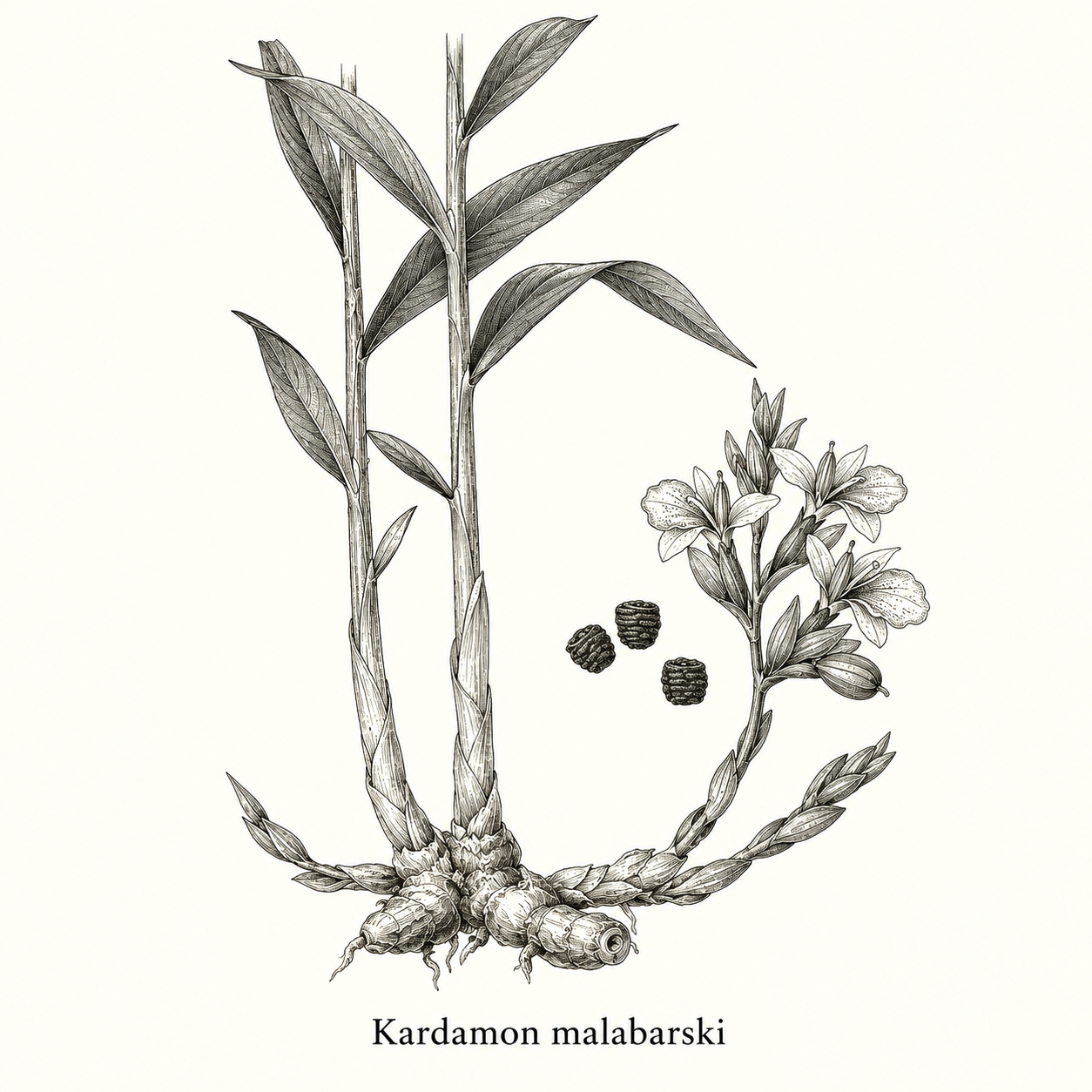 Kardamon - Rycina kardamonu malabarskiego: torebki owocowe i nasiona kardamonu.