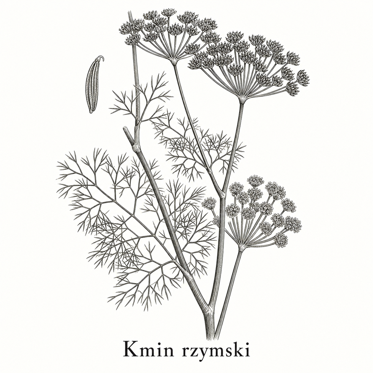 Kmin rzymski - Rycina kminu rzymskiego: roślina z pierzastymi liśćmi, baldachami kwiatów i owocem.
