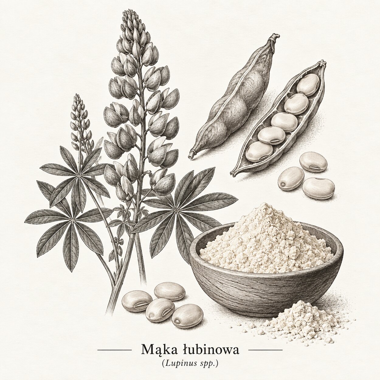 mąka łubinowa: Rycina łubinu i mąki łubinowej.