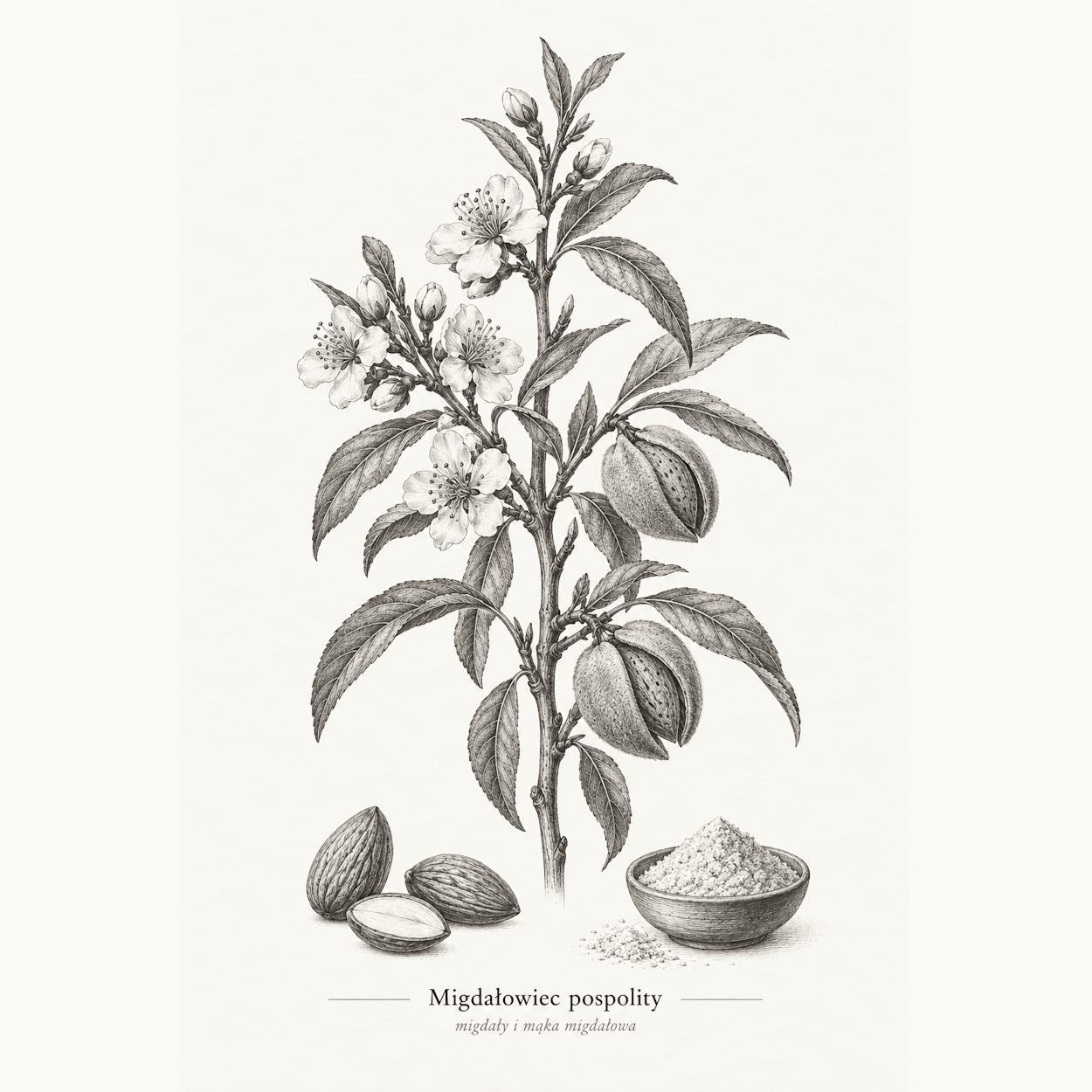 Mąka migdałowa - Rycina migdałowca pospolitego (Prunus dulcis) z kwiatami, liśćmi i owocami.