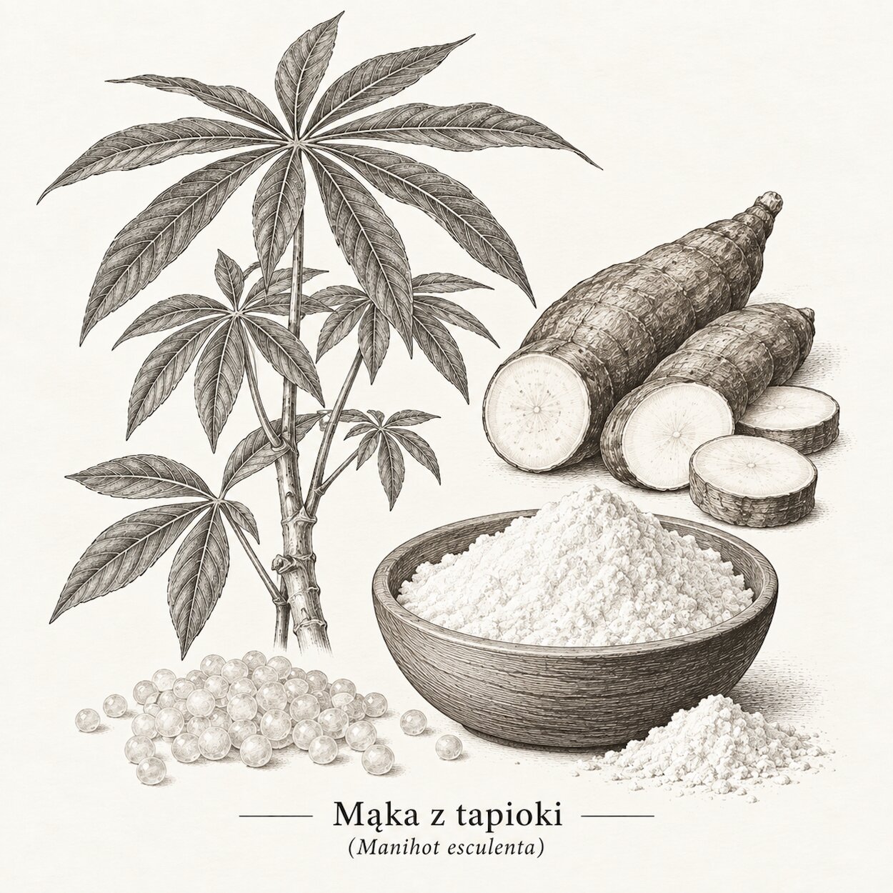 Mąka z tapioki: Rycina manioku jadalnego i tapioki.