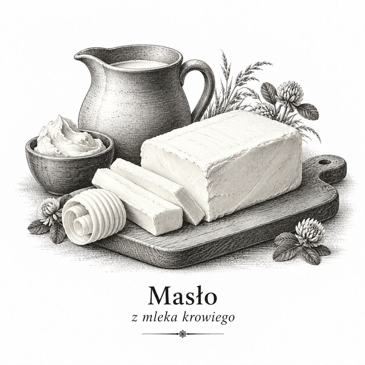 Masło - rycina przedstawiająca produkt mleczny.
