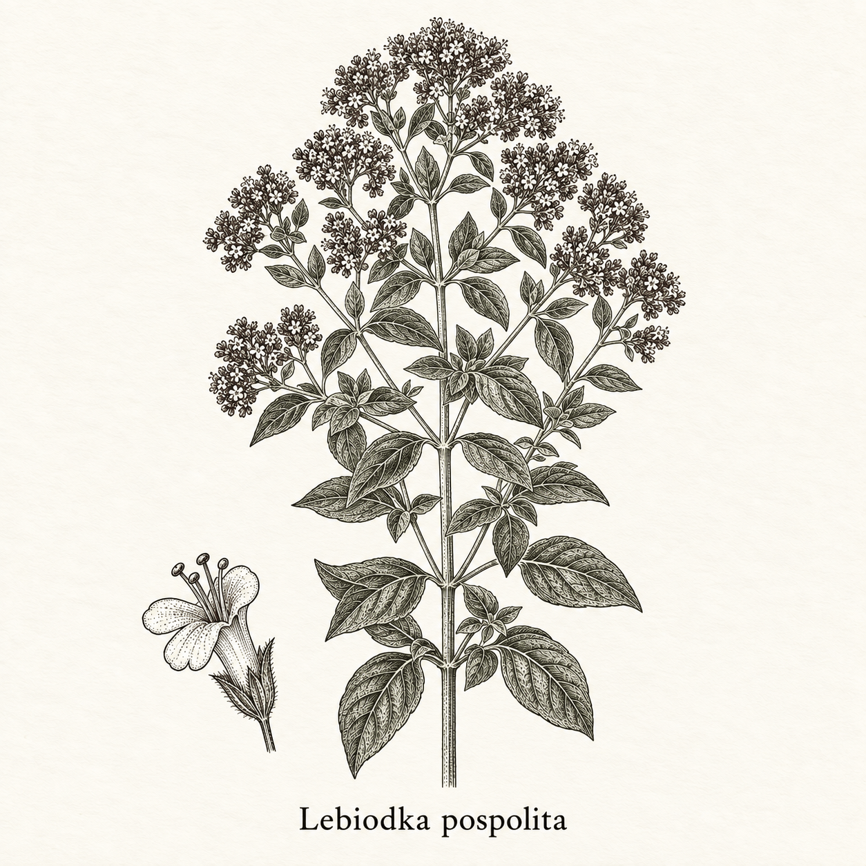 Rycina oregano, czyli lebiodki pospolitej (Origanum vulgare), z liśćmi i kwiatami.