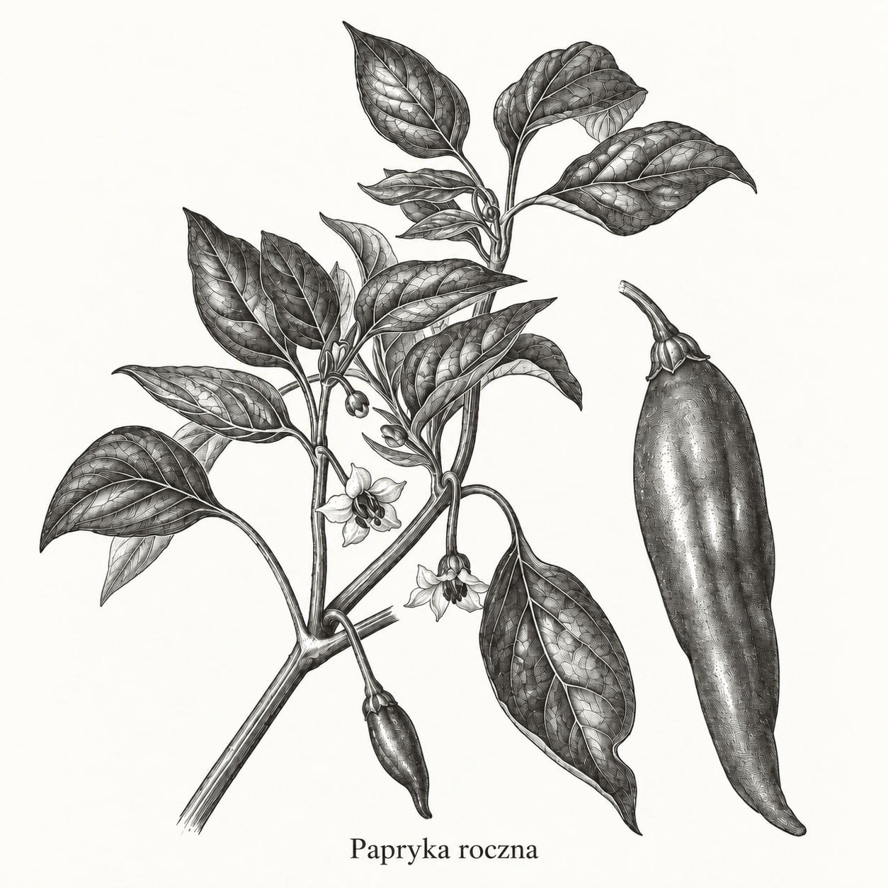 Papryka wędzona słodka - Rycina papryki rocznej użytej jako ilustracja papryki słodkiej wędzonej.