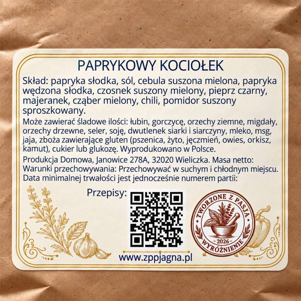 Tylna etykieta przyprawy Paprykowy Kociołek – skład i informacje o przechowywaniu