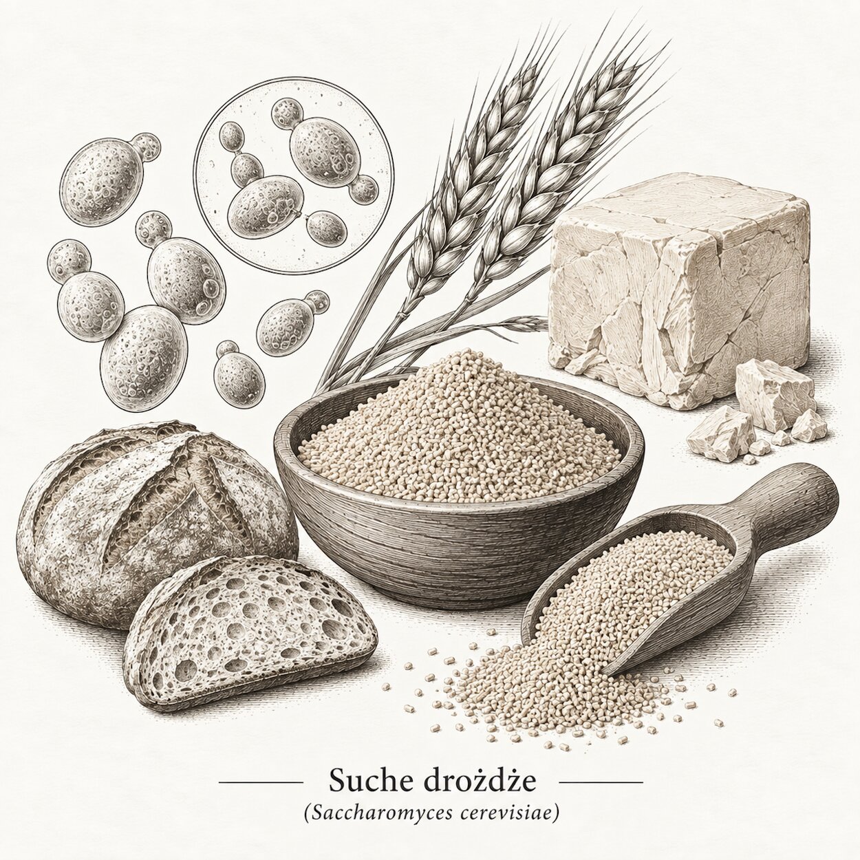 Suche drożdże: Rycina drożdży piekarskich i suchego produktu.