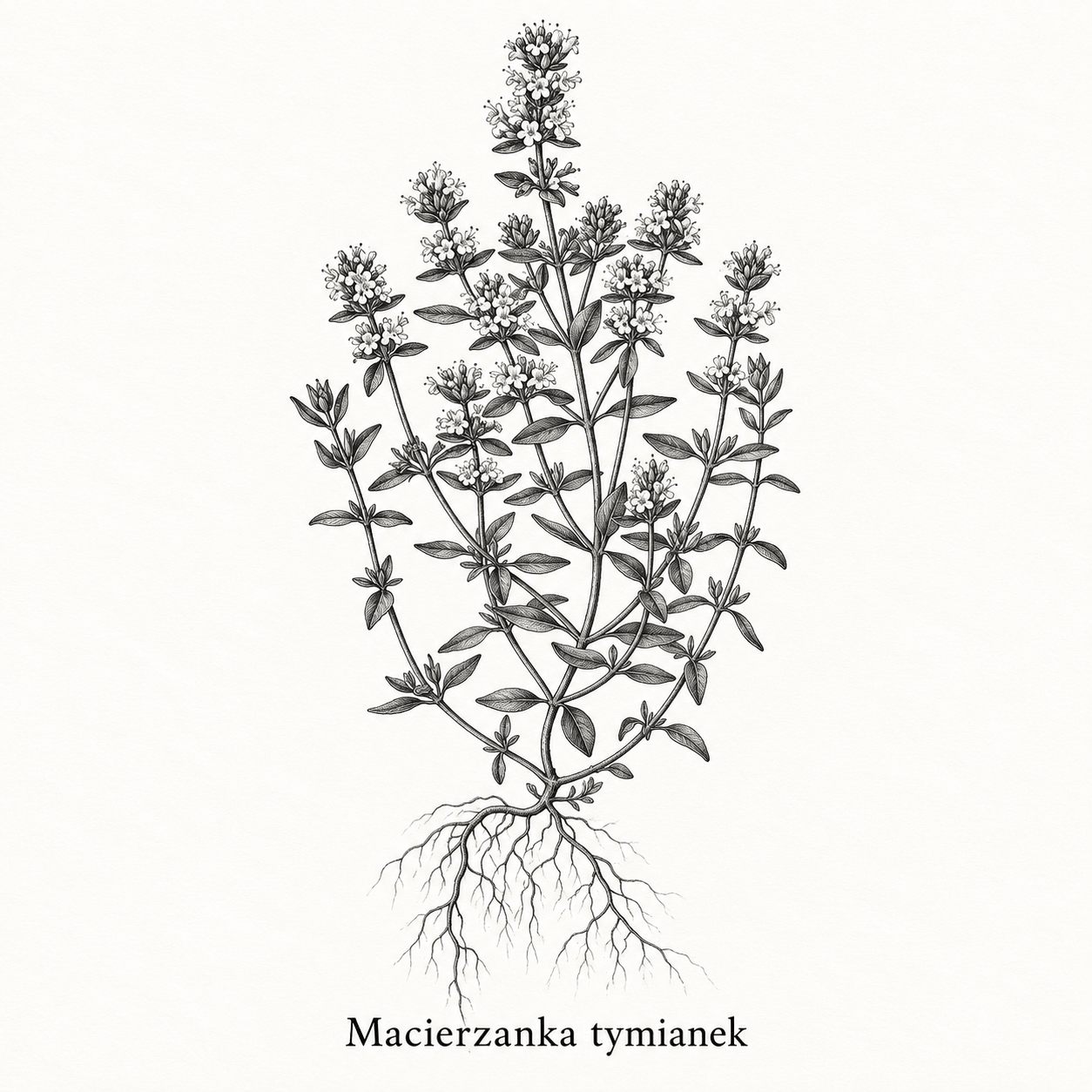 Tymianek - Rycina tymianku pospolitego z łodygami, liśćmi i kwiatami.