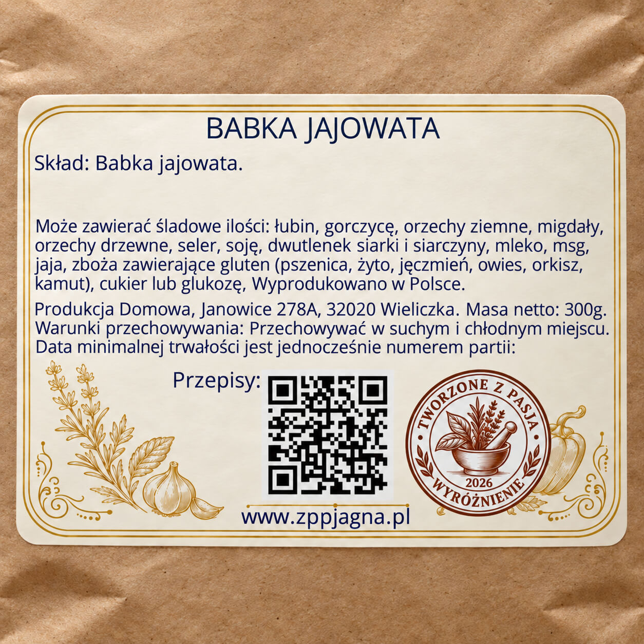 Zbliżenie tylnej etykiety produktu ZPP Jagna 300 g ze składem i informacjami o przechowywaniu