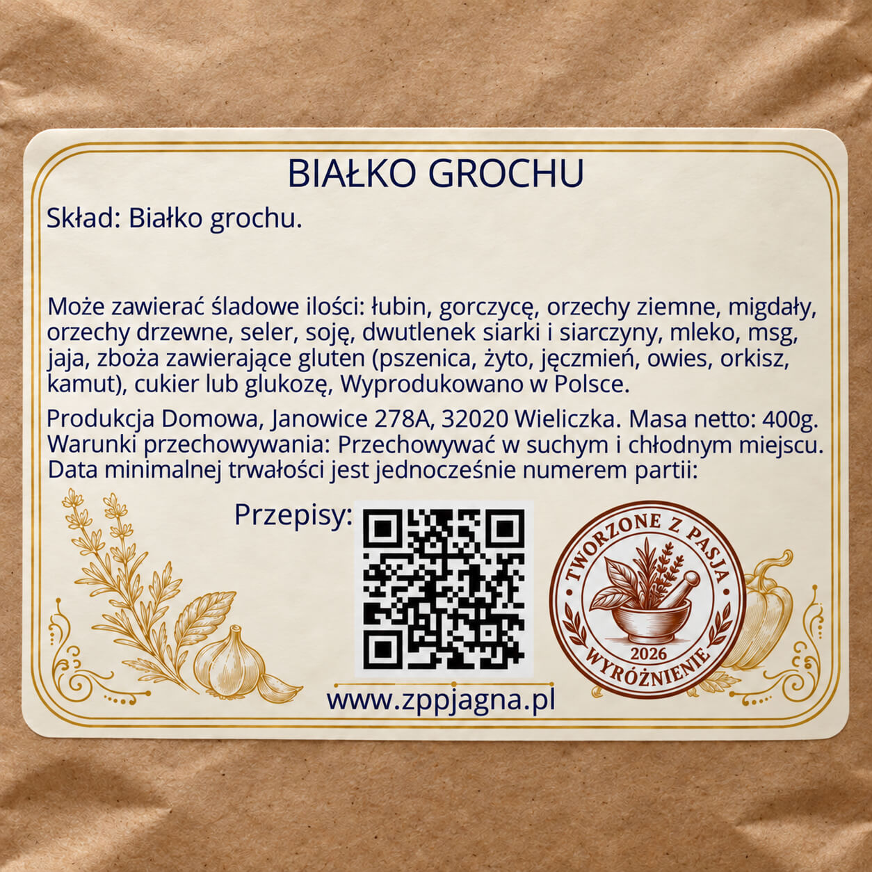 Zbliżenie tylnej etykiety produktu ZPP Jagna 400 g ze składem i informacjami o przechowywaniu