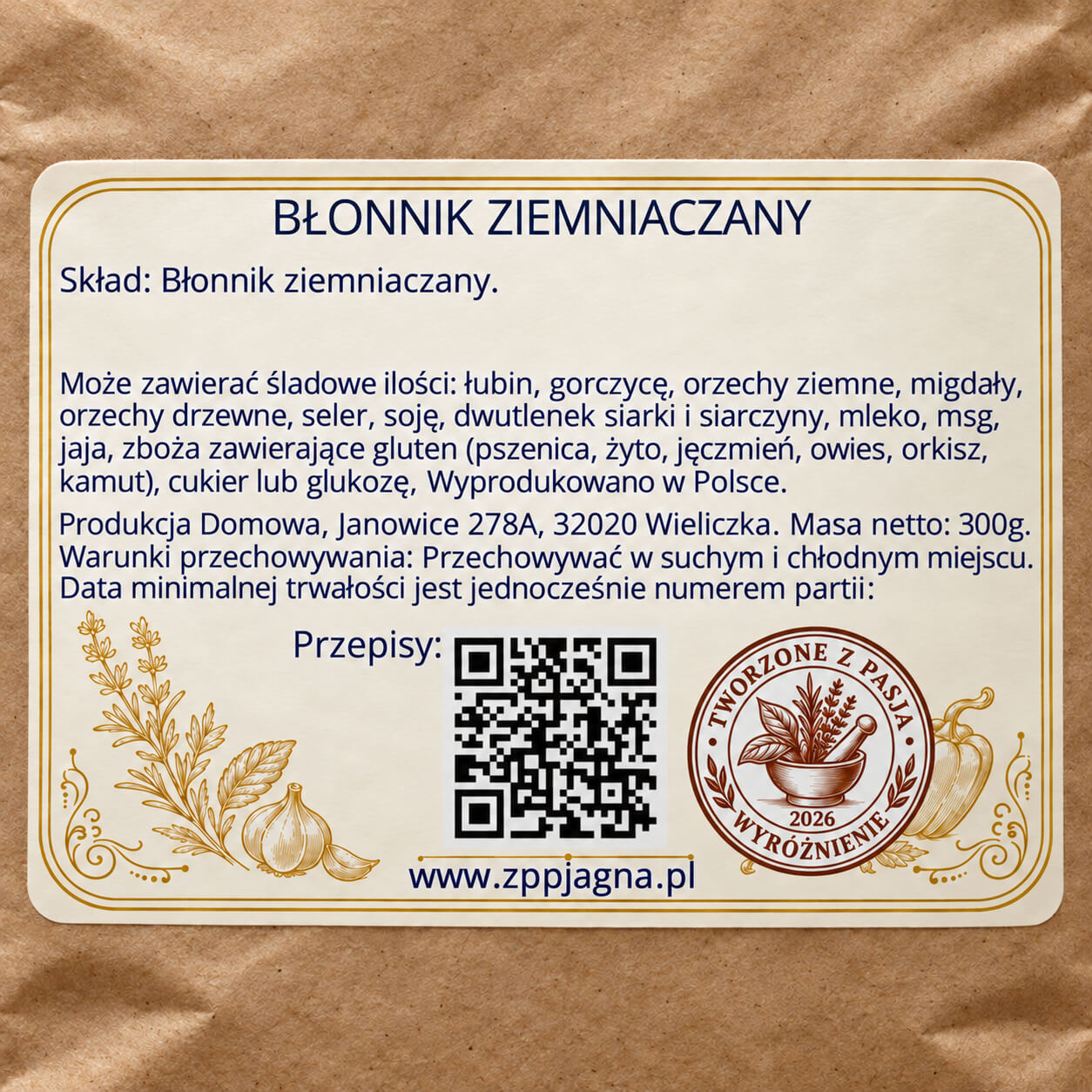 Zbliżenie tylnej etykiety produktu ZPP Jagna 300 g ze składem i informacjami o przechowywaniu