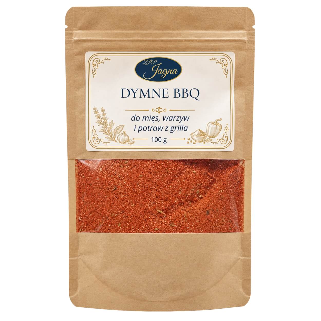 Dymne BBQ 100 g ZPP Jagna w opakowaniu kraft z przezroczystym okienkiem, na białym tle.