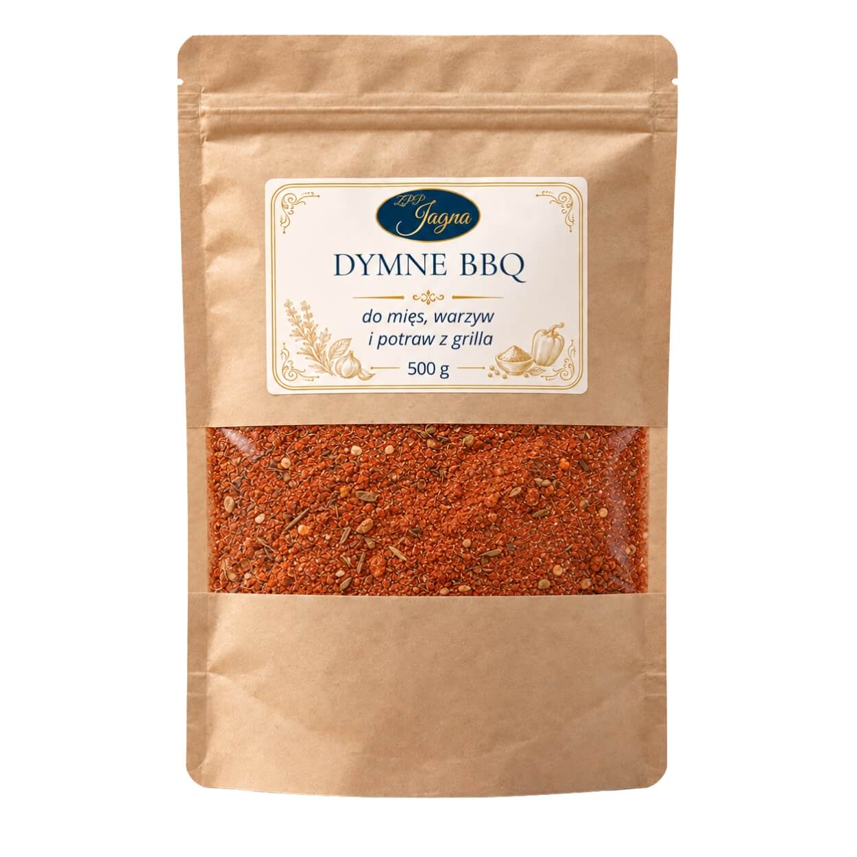 Dymne BBQ 500 g ZPP Jagna w opakowaniu kraft z przezroczystym okienkiem, na białym tle.