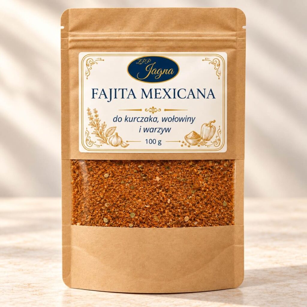 Opakowanie przyprawy Fajita Mexicana ZPP Jagna 100 g stojące na jasnym blacie