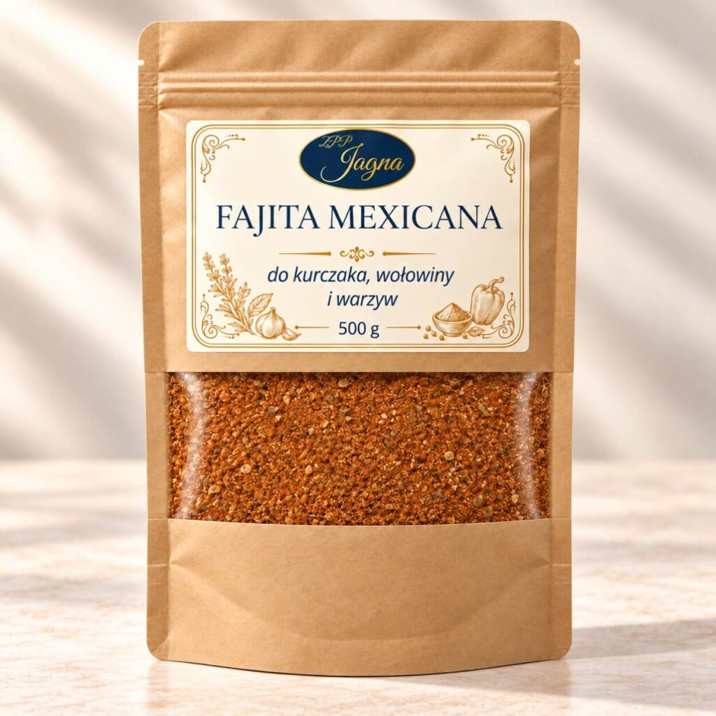 Opakowanie przyprawy Fajita Mexicana ZPP Jagna 500 g stojące na jasnym blacie