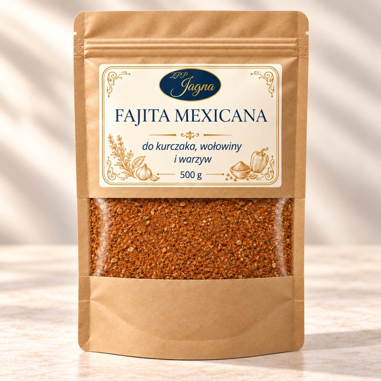 Opakowanie przyprawy Fajita Mexicana ZPP Jagna 500 g stojące na jasnym blacie