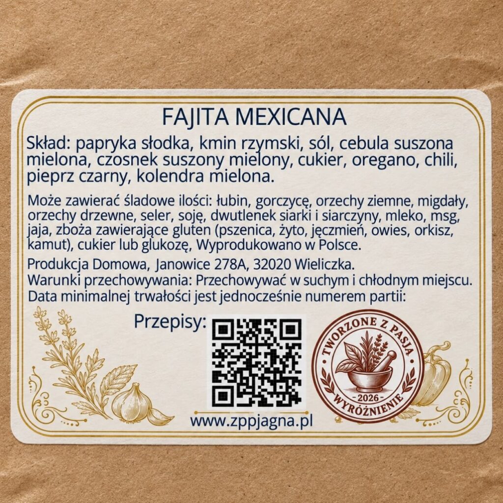 Zbliżenie etykiety Fajita Mexicana ze składem, informacją o alergenach i przechowywaniu