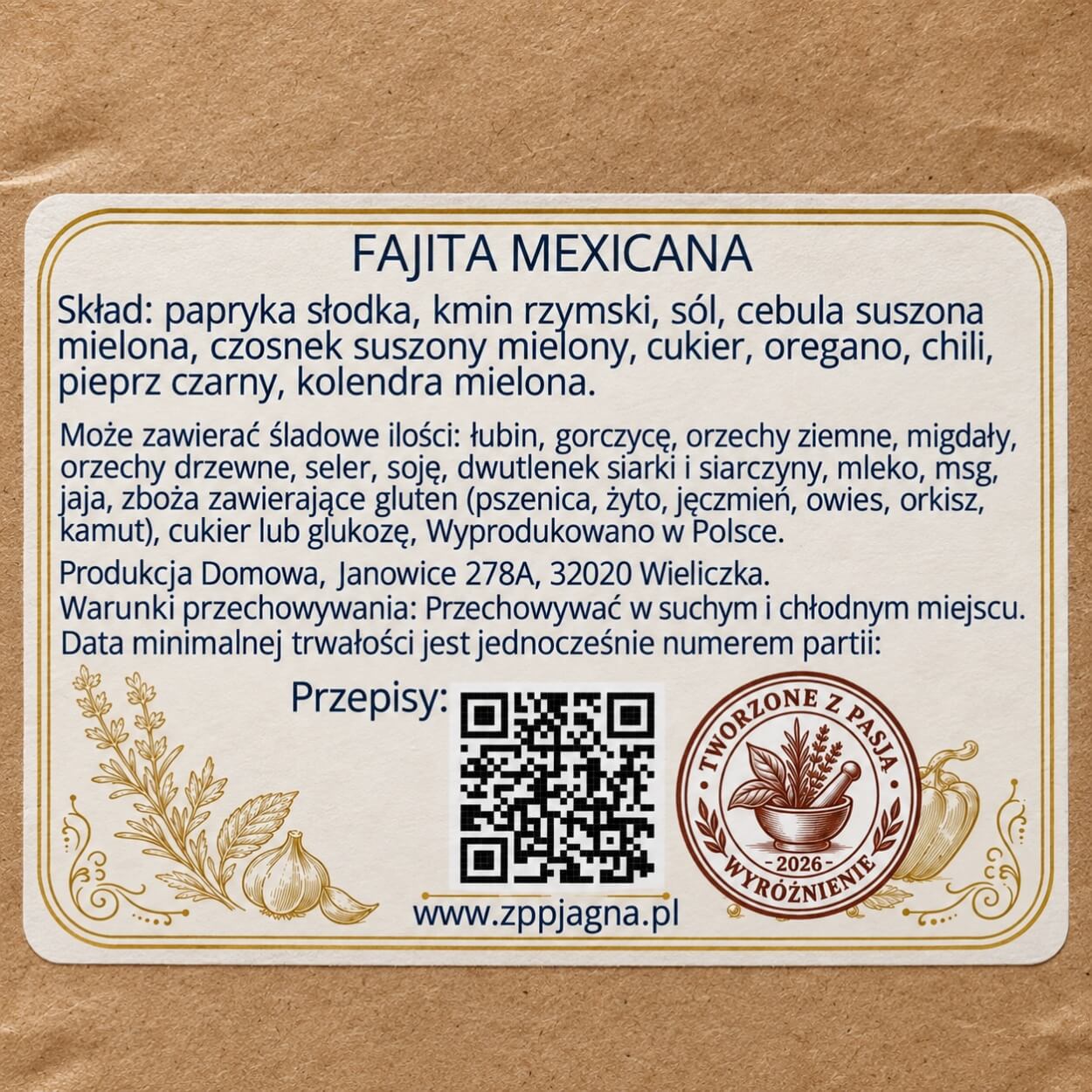 Zbliżenie etykiety Fajita Mexicana ze składem, informacją o alergenach i przechowywaniu
