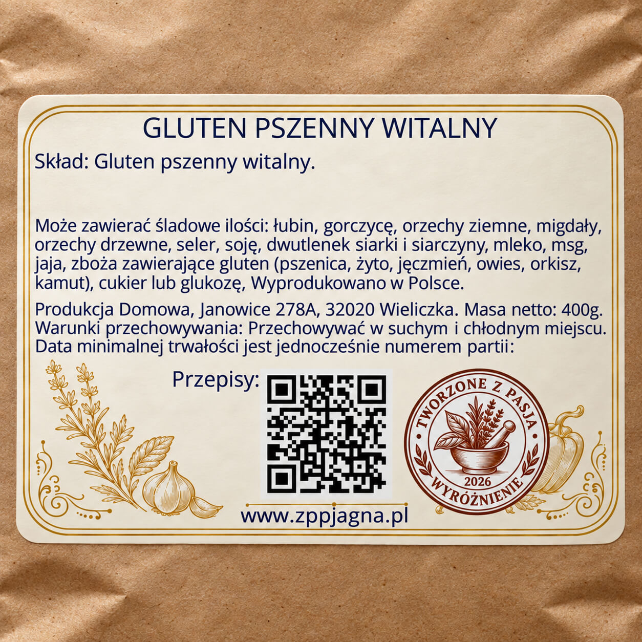 Zbliżenie tylnej etykiety produktu ZPP Jagna 400 g ze składem i informacjami o przechowywaniu
