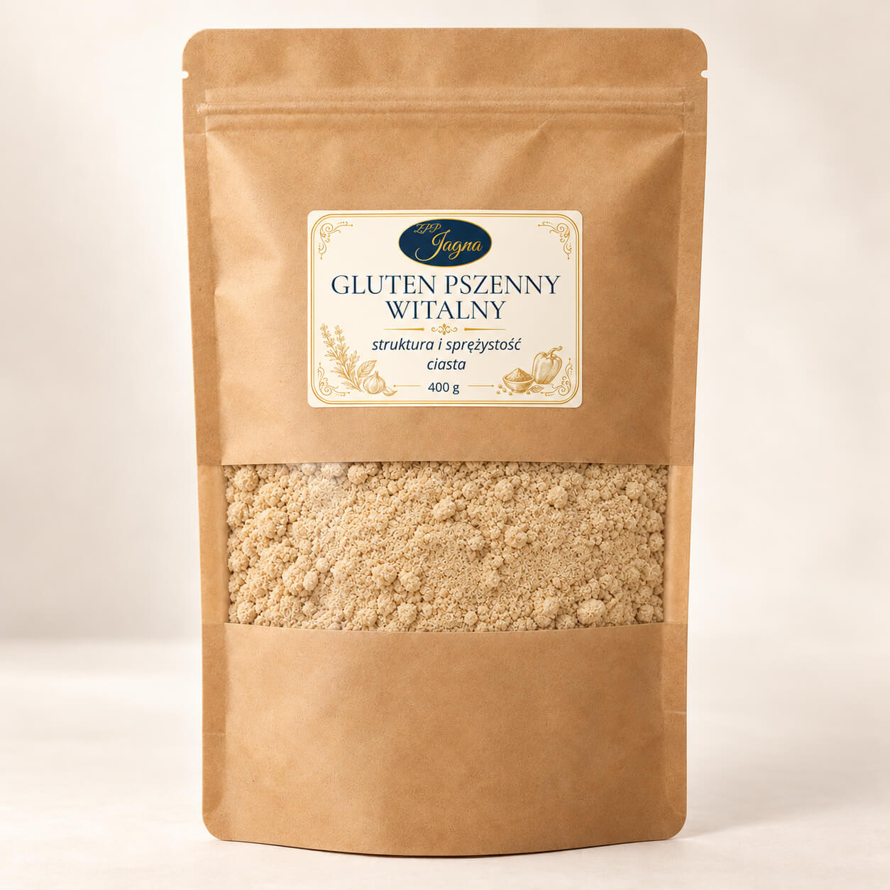 Przód opakowania z glutenem pszennym witalnym ZPP Jagna 400 g na jasnym tle