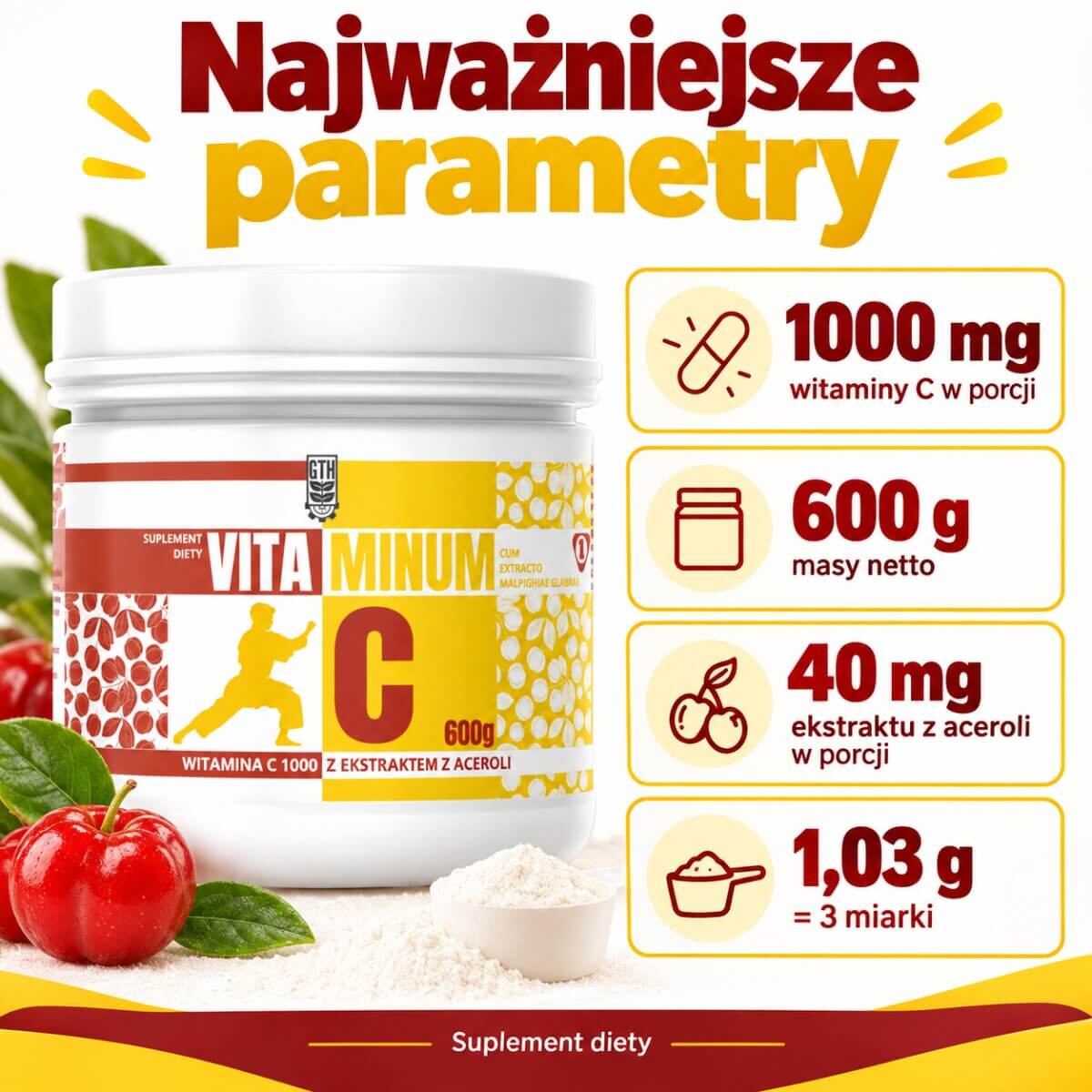 Witamina C GTH 600 g - infografika z zawartością 1000 mg witaminy C i 40 mg ekstraktu z aceroli w porcji.