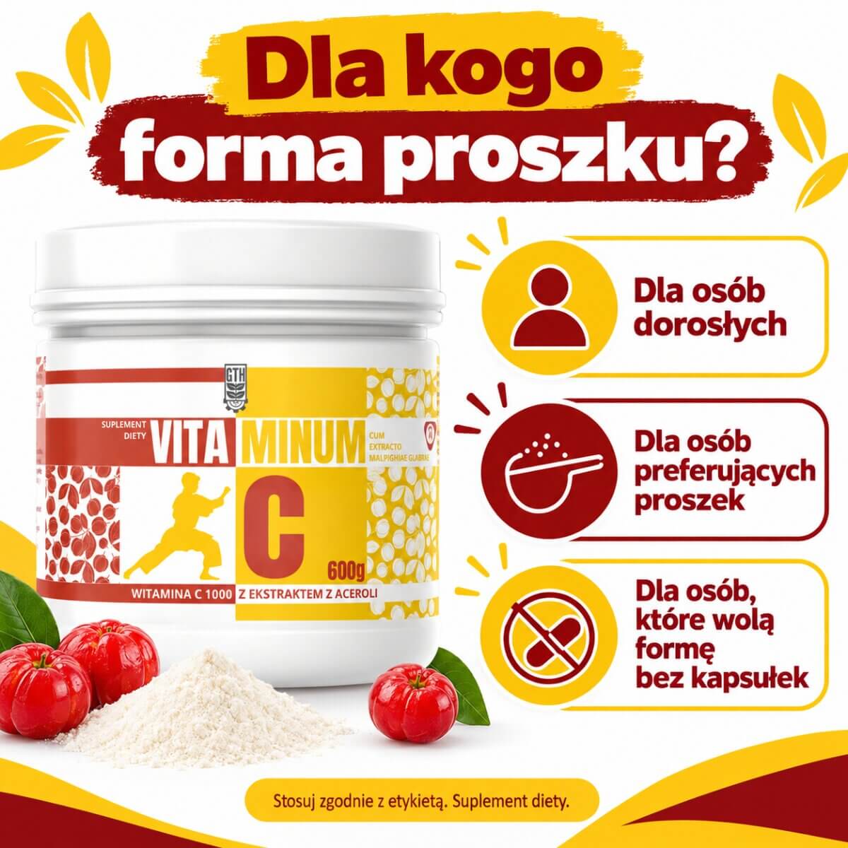 Witamina C w proszku GTH - grafika o przeznaczeniu suplementu dla osób dorosłych.