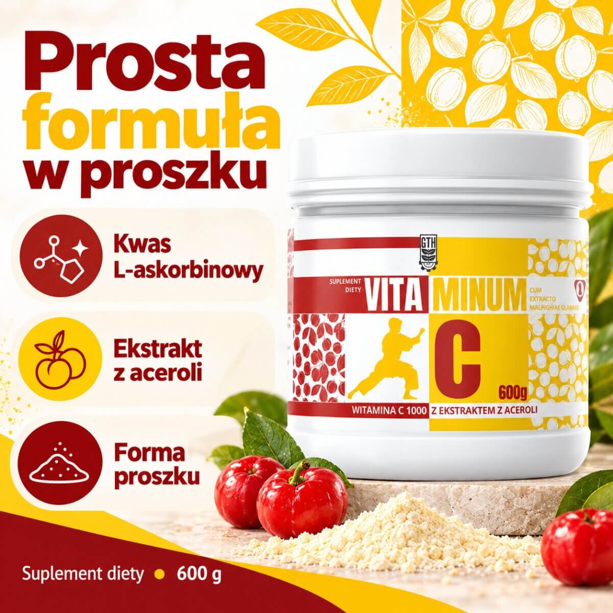 Witamina C w proszku GTH z acerolą - infografika przedstawiająca postać i skład suplementu.