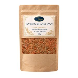 Gyros Klasyczny 100 g ZPP Jagna w opakowaniu kraft z przezroczystym okienkiem, na białym tle.