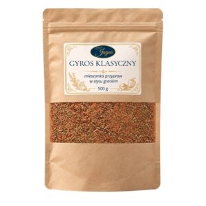 Gyros Klasyczny 500 g ZPP Jagna w opakowaniu kraft z przezroczystym okienkiem, na białym tle.