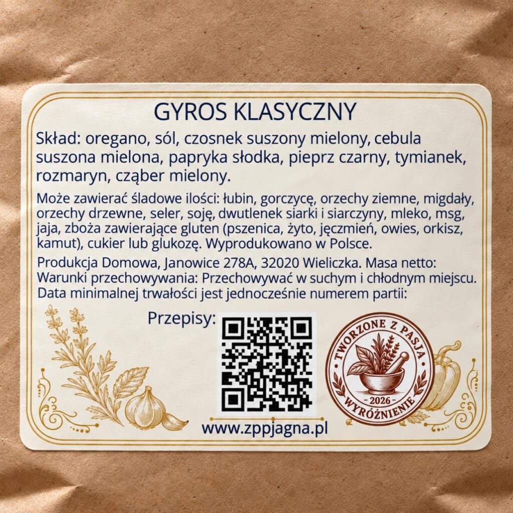 Zbliżenie etykiety Gyros Klasyczny ze składem mieszanki, warunkami przechowywania i kodem QR.