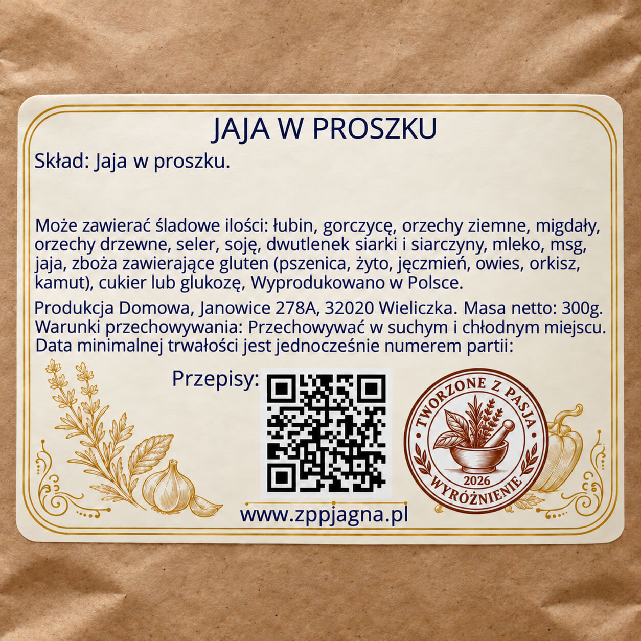 Zbliżenie tylnej etykiety produktu ZPP Jagna 300 g ze składem i informacjami o przechowywaniu