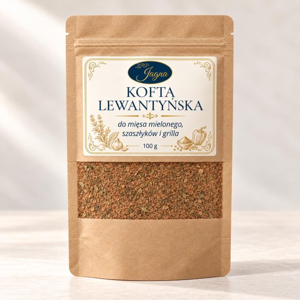 Opakowanie przyprawy Kofta Lewantyńska 100 g marki ZPP Jagna na jasnym drewnianym blacie