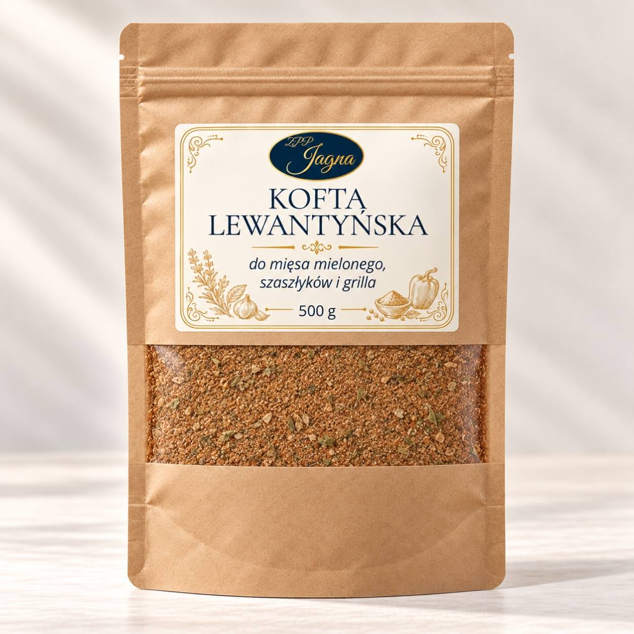 Opakowanie przyprawy Kofta Lewantyńska 500 g marki ZPP Jagna na jasnym drewnianym blacie