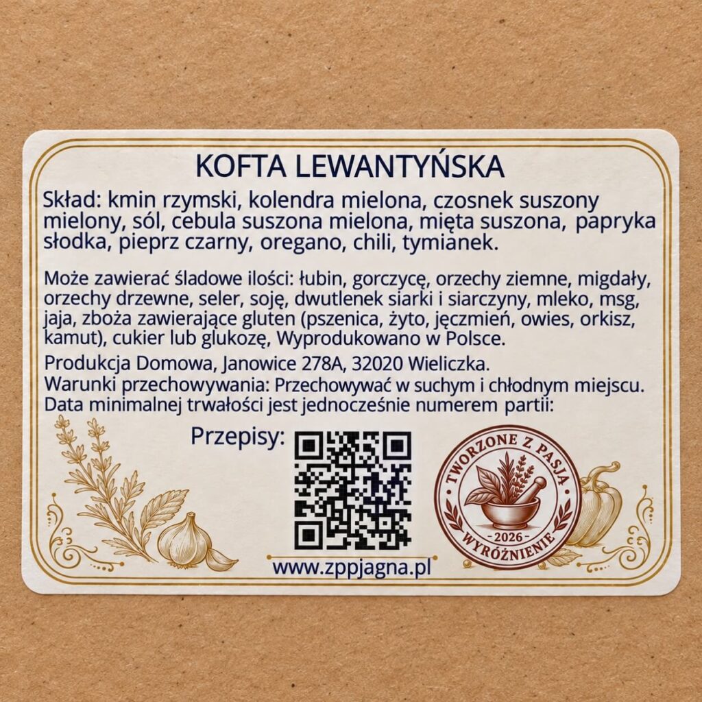 Zbliżenie etykiety Kofty Lewantyńskiej ze składem mieszanki i informacją o alergenach