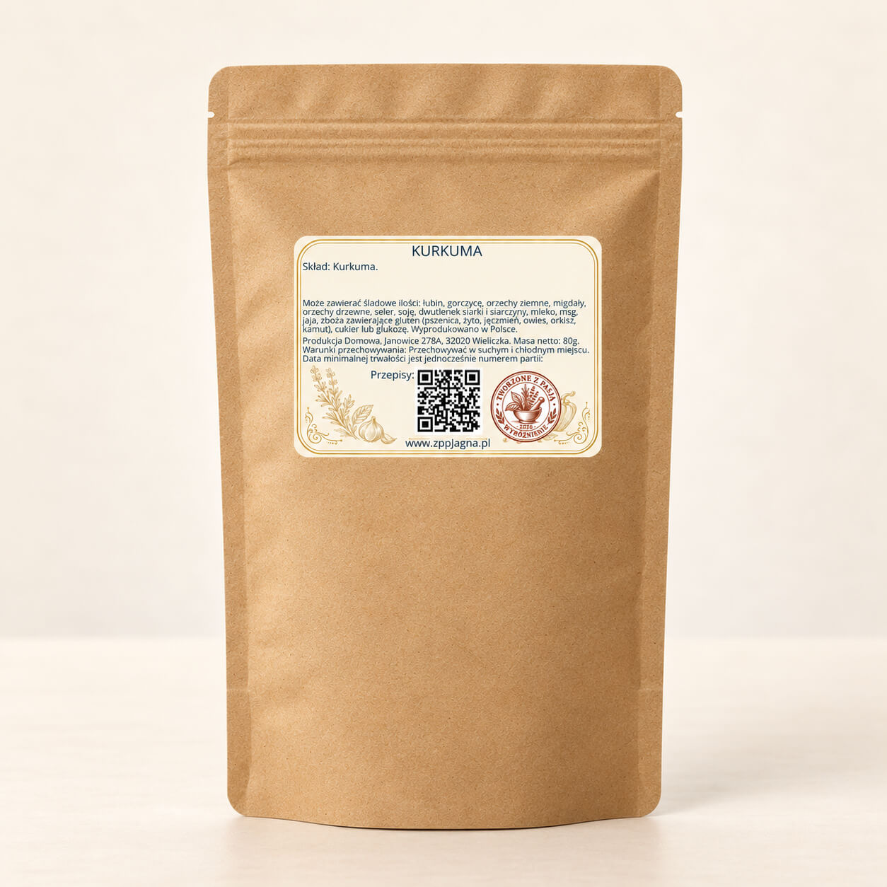 Tył papierowego doypacka ZPP Jagna 80 g z etykietą informacyjną