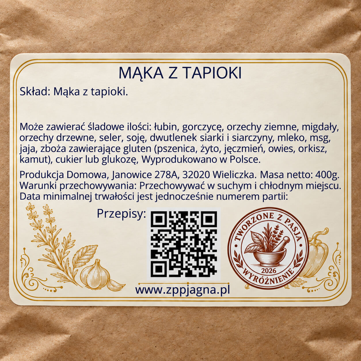 Zbliżenie tylnej etykiety produktu ZPP Jagna 400 g ze składem i informacjami o przechowywaniu