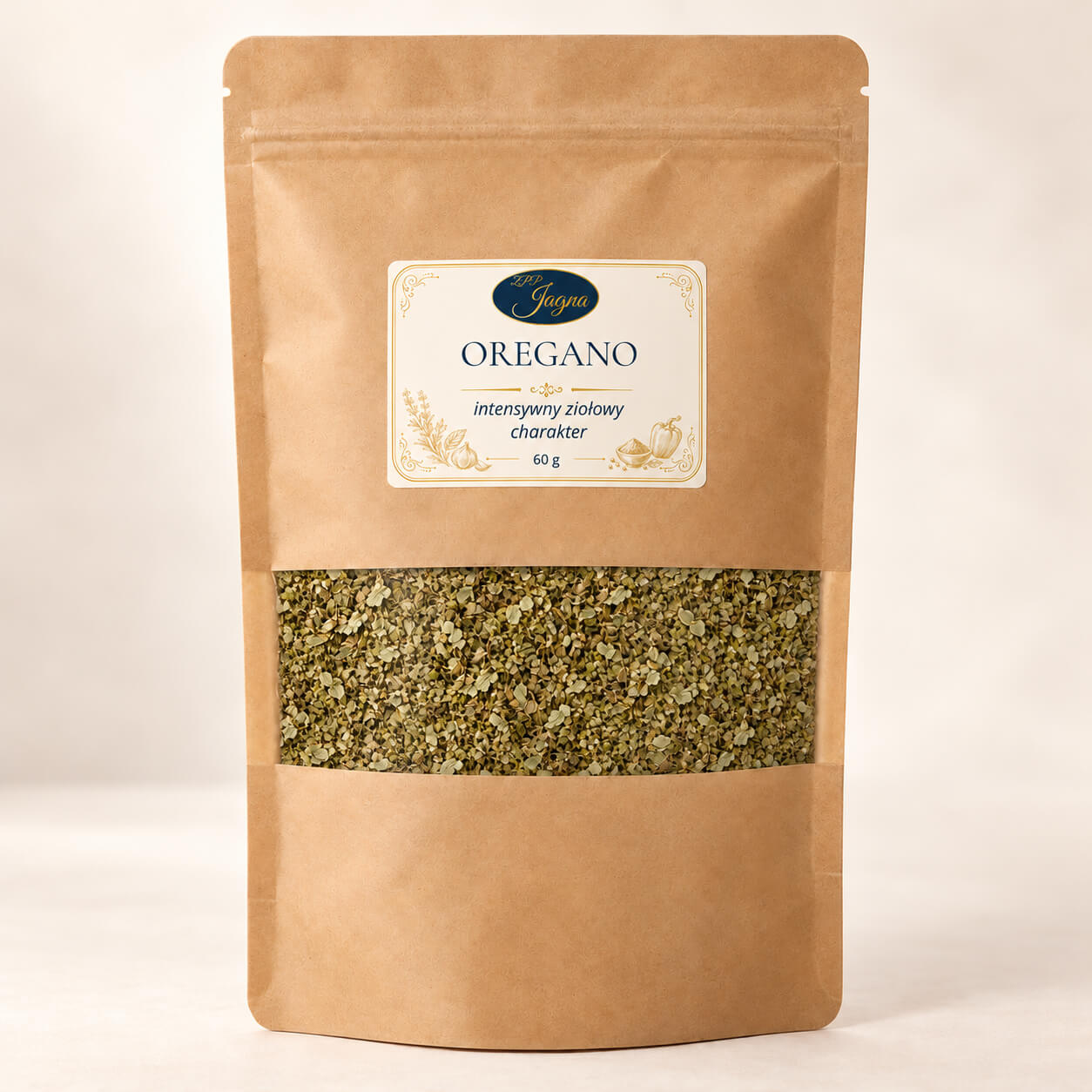 Przód opakowania z suszonym oregano ZPP Jagna 60 g na jasnym tle