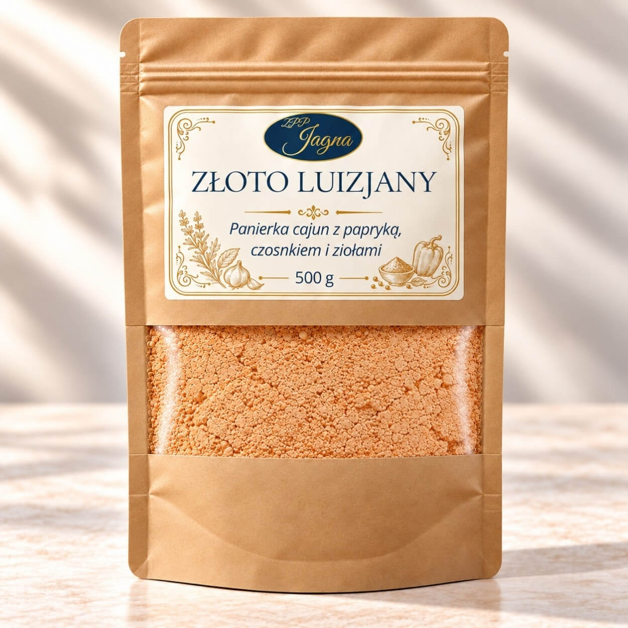 Panierka low carb cajun Złoto Luizjany 500 g - opakowanie na jasnym blacie