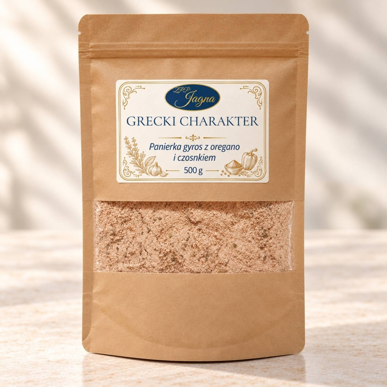 panierka low carb gyros Grecki Charakter 500 g - opakowanie na jasnym blacie