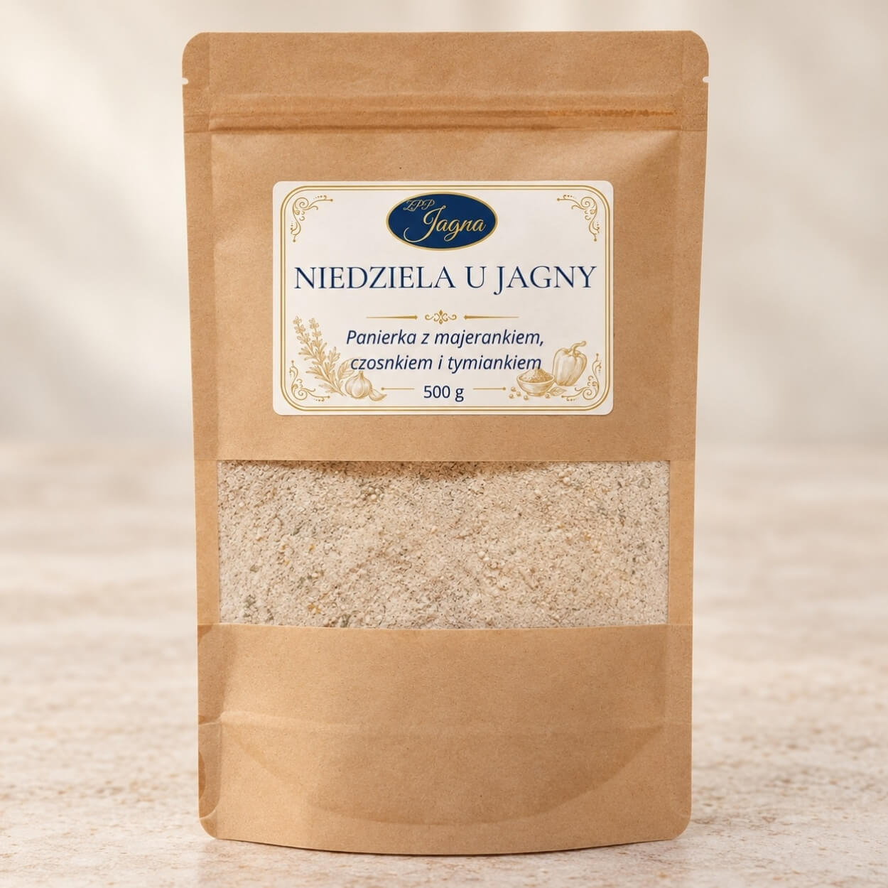 panierka low carb z majerankiem Niedziela u Jagny 500 g - opakowanie na jasnym blacie