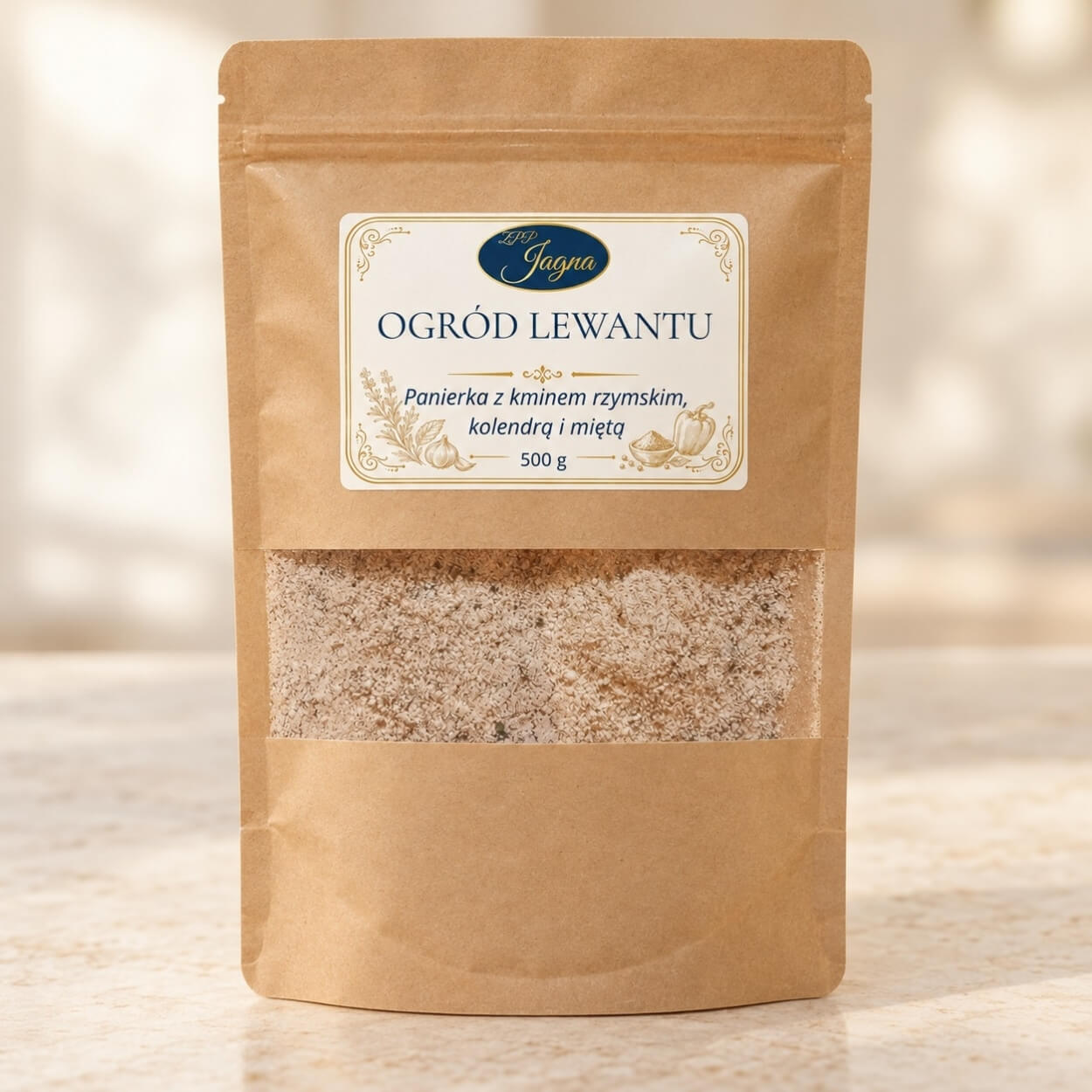 panierka low carb z miętą Ogród Lewantu 500 g - opakowanie na jasnym blacie