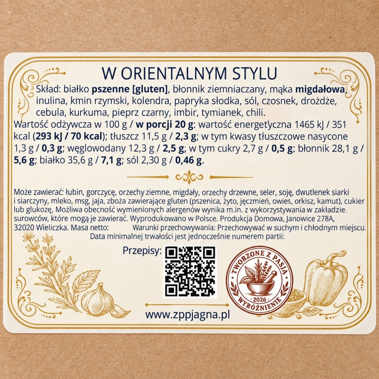 Etykieta panierki W Orientalnym Stylu ze składem i wartościami odżywczymi