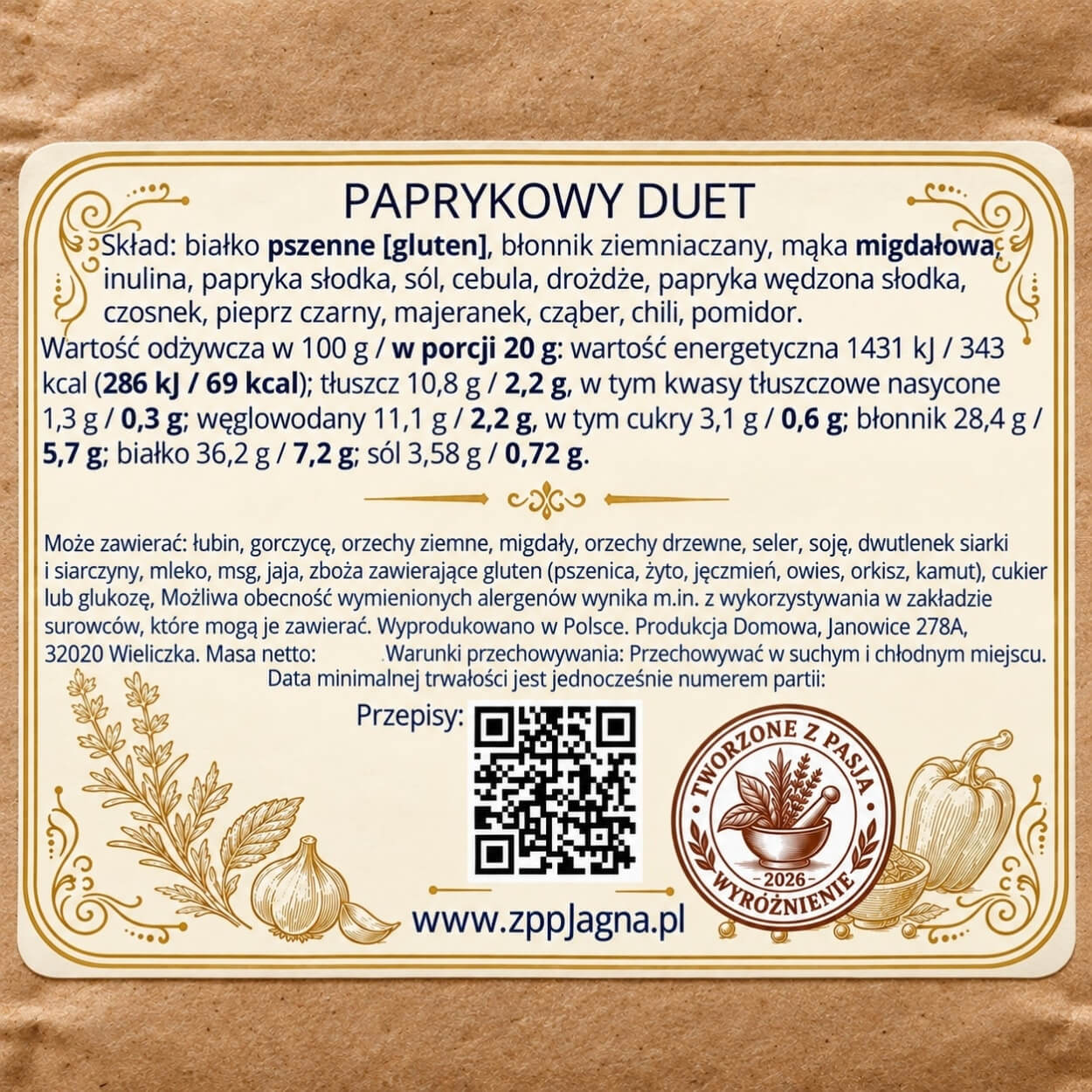 Etykieta panierki Paprykowy Duet ze składem, wartościami odżywczymi i kodem QR